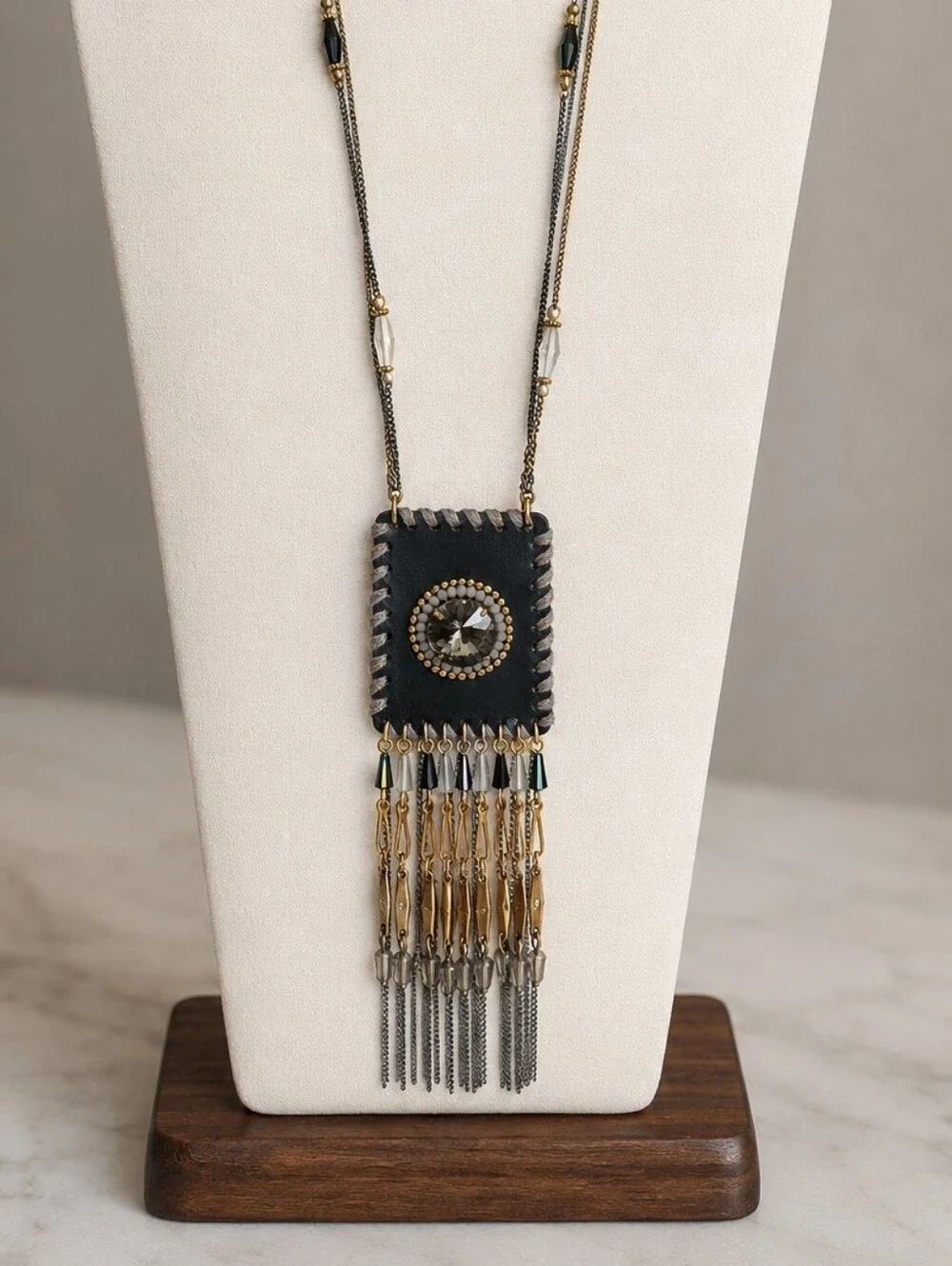 ALISHA D LONG LEATHER TASSEL PENDANT STATEMENT NECKLACE BOHO FESTIVAL WESTERN